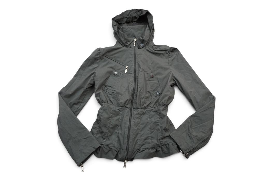 Anatomie Rosella Ruffle Jacket Small Olive Gray Hooded Packable Zip Travel Hike